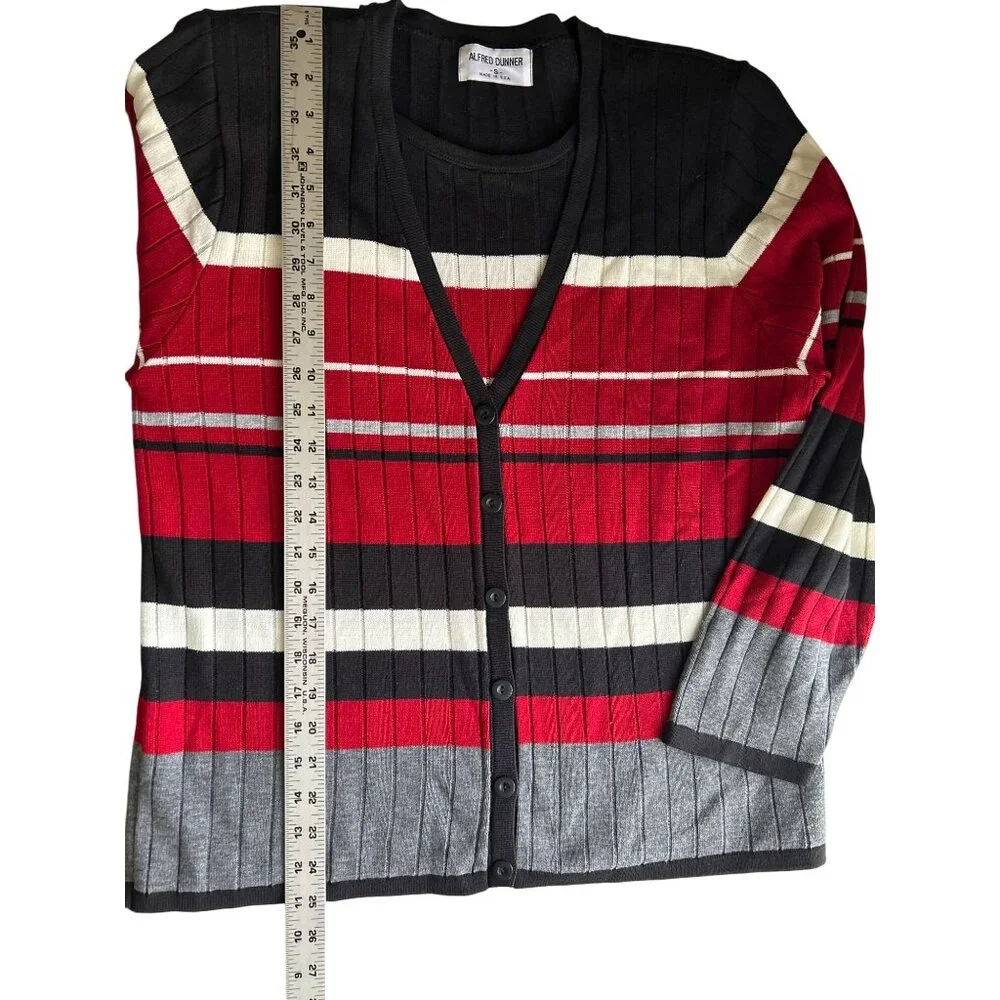 Alfred Dunner Cardigan faux 2 pc Sweater S Black/Red/Gray Striped Button-Front